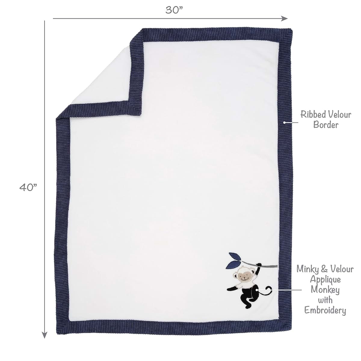 Fleece Baby Blanket - White/Navy Monkey Design for Cuddling