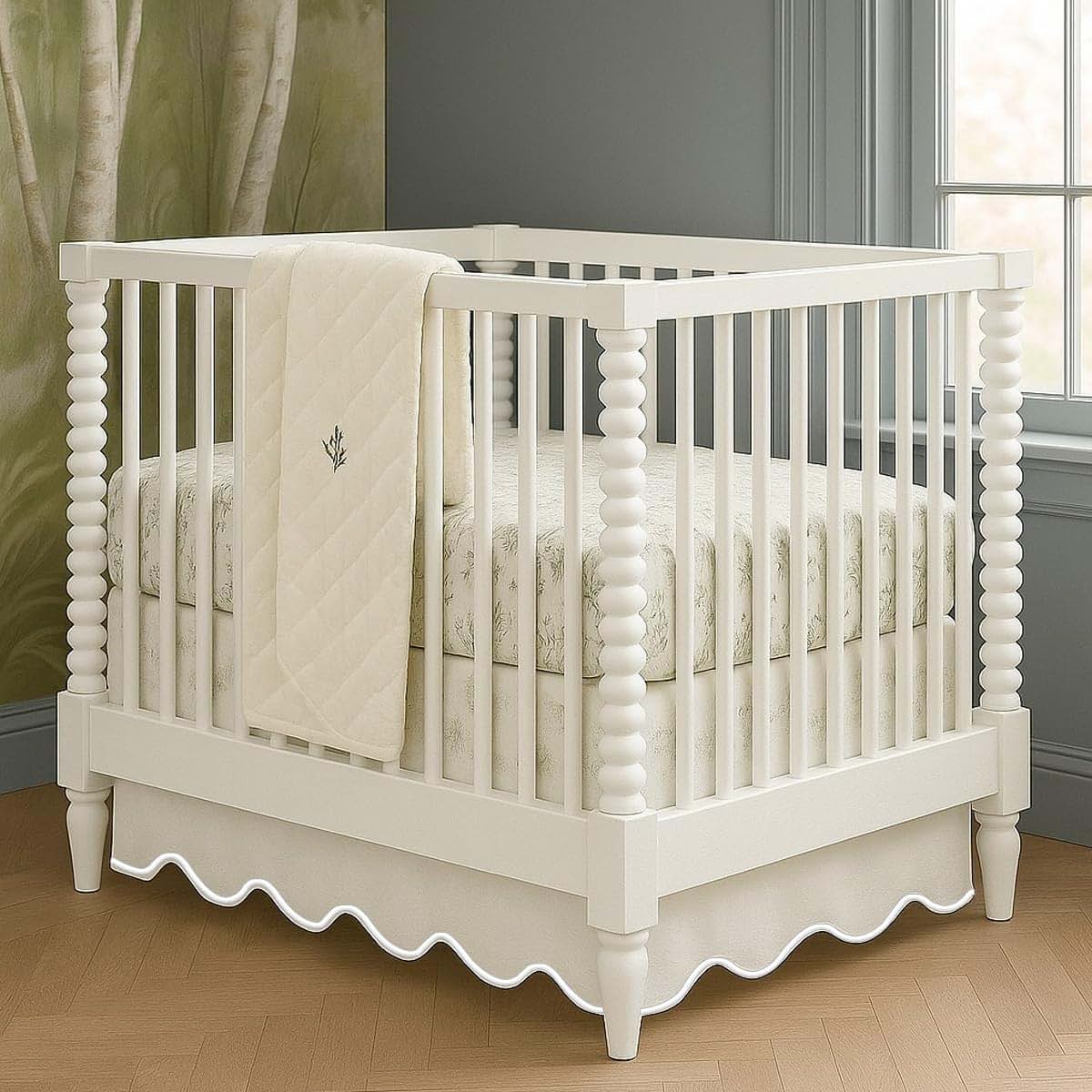 Luxurious Collections White Cotton Sateen Crib Skirt With Scalloped Embroidery