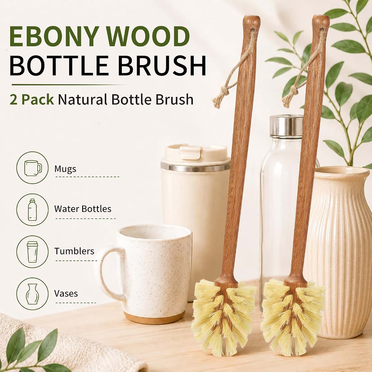 ÖKOSTAMM 2 Pack Natural Bottle Brush - Ebony Wooden Water Bottle Cleaner Brush with Sisal Bristles, Plastic Free Bottle (photo 2)