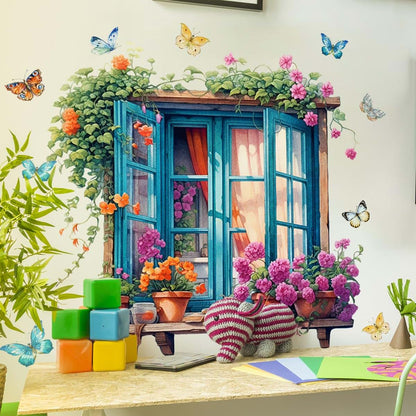 Creative Fake Window Door Flower Butterfly Wall Stickers for Room Decor