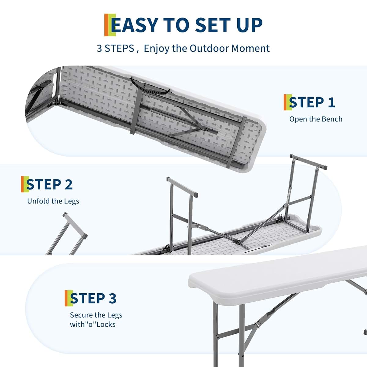 IDEALHOUSE 6-Foot Portable Folding Bench, 2 Pack, White Plastic Bench Top With Carry Handle (photo 3)