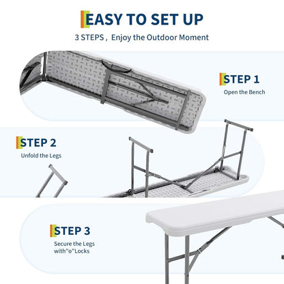 IDEALHOUSE 6-Foot Portable Folding Bench, 2 Pack, White Plastic Bench Top With Carry Handle (photo 3)