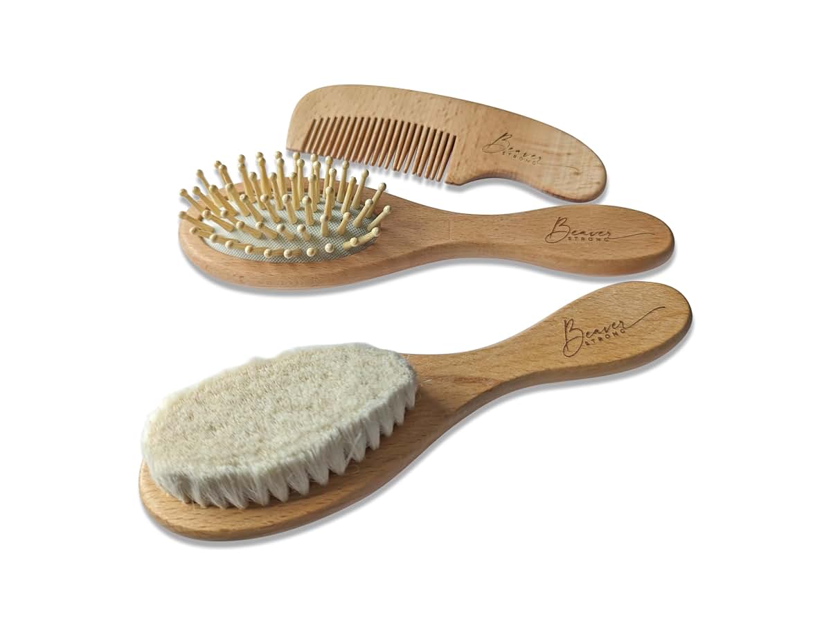 Gentle Care Wooden Baby Hair Brush and Comb Set by BeaverStrong - 2 Brushes and 1 Comb for Newborns - Soft Bristles (photo 2)