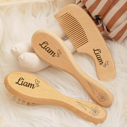 PLOVEGIFT Custom Baby Wood Comb Set, Toddler Cradle Cap Brush, Customizable Engraved Name & Birth Flower, Grooming Kit