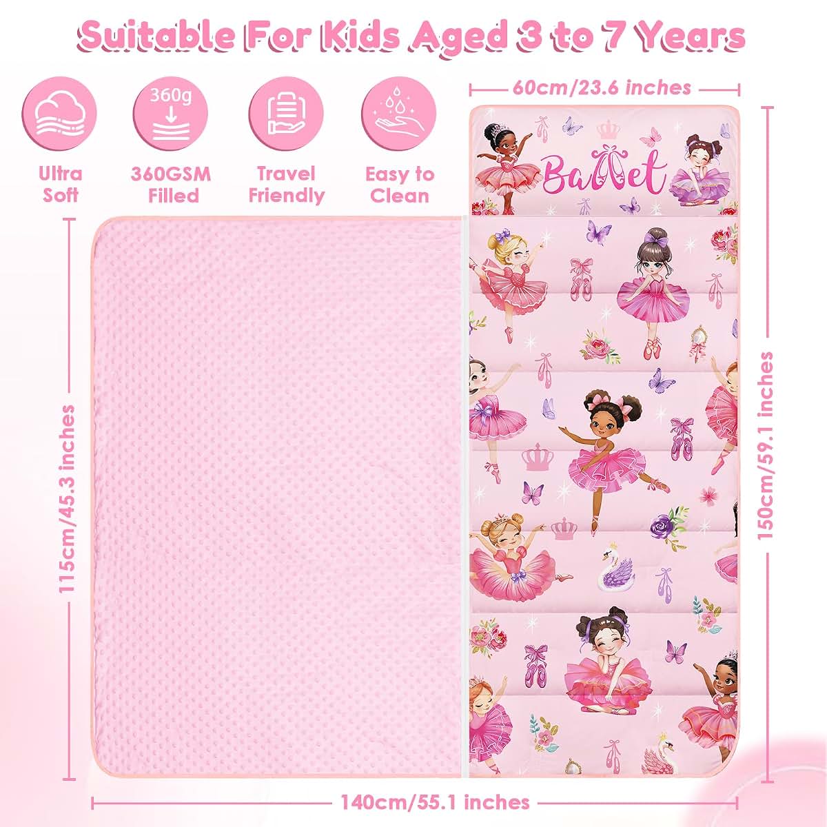 alldomess Toddler Nap Mat 59"×24", Sleeping Bag with Detachable Pillow & Blanket (photo 2)