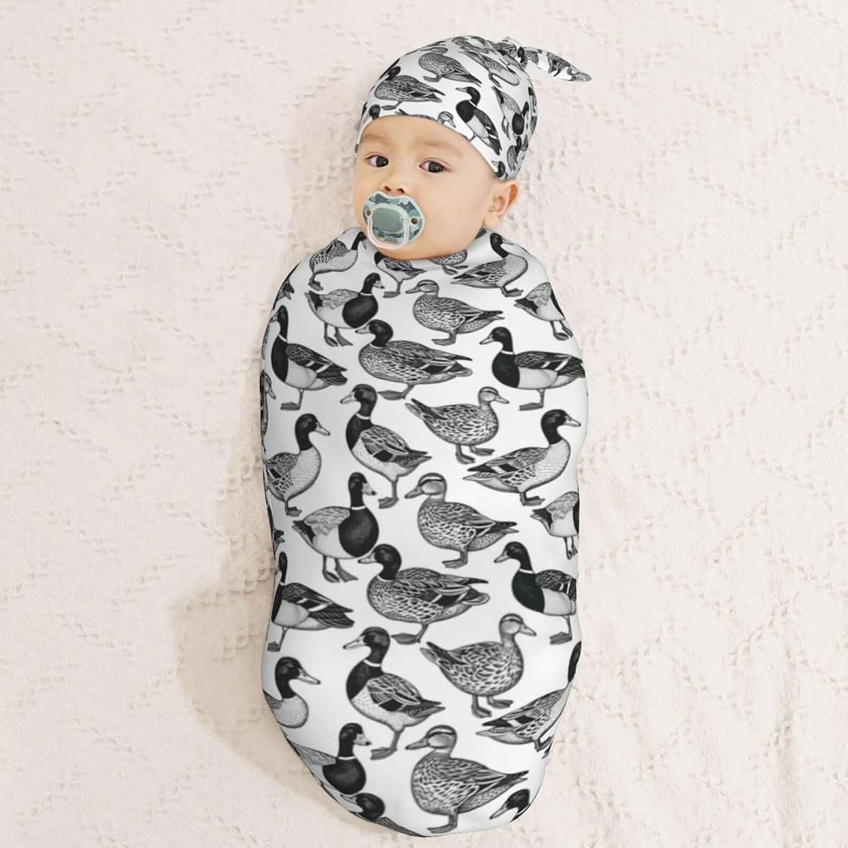 Muishi Vintage Ducks Newborn Swaddle Blanket and Hat Set, 0-6 Months