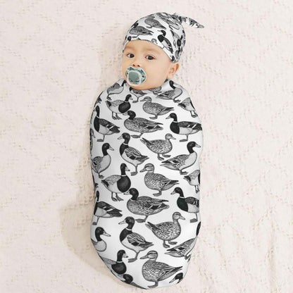 Muishi Vintage Ducks Newborn Swaddle Blanket and Hat Set, 0-6 Months