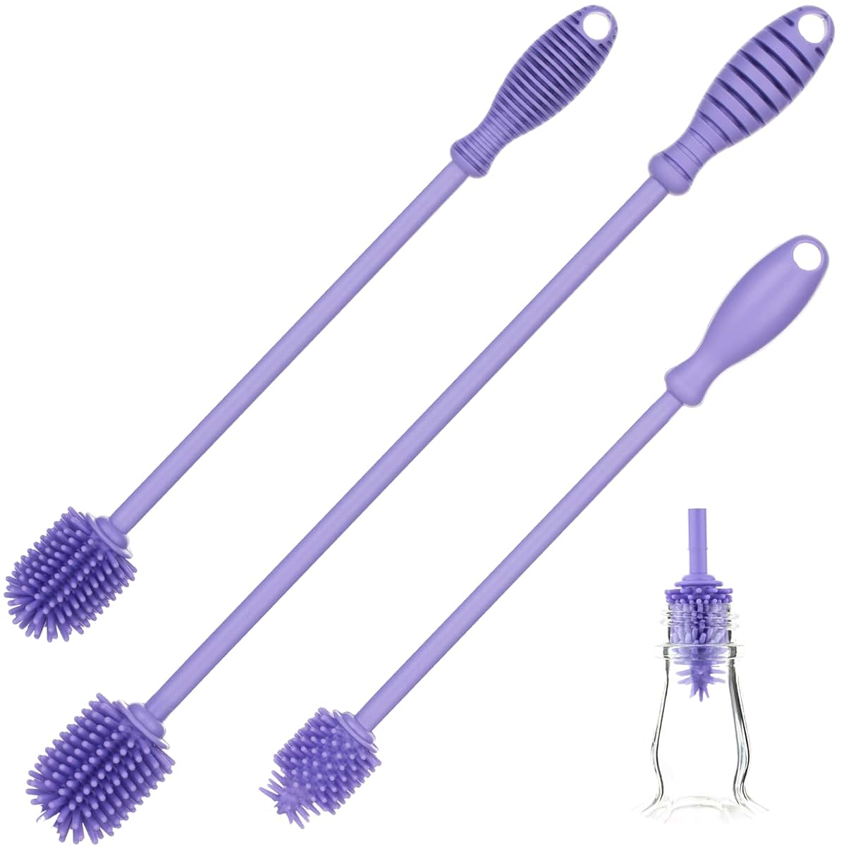 A-Brush Silicone Bottle Cleaner Brush, 3 Piece Set, Long Handle - Water Bottle Cleaner, Baby Bottle Nipple Brush for