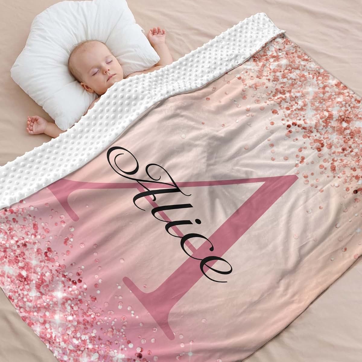 NZOOHY Monogram Pink Glitter Personalized Baby Blanket for Boys Girls,Custom Soft Minky Blanket Double Layer Dotted
