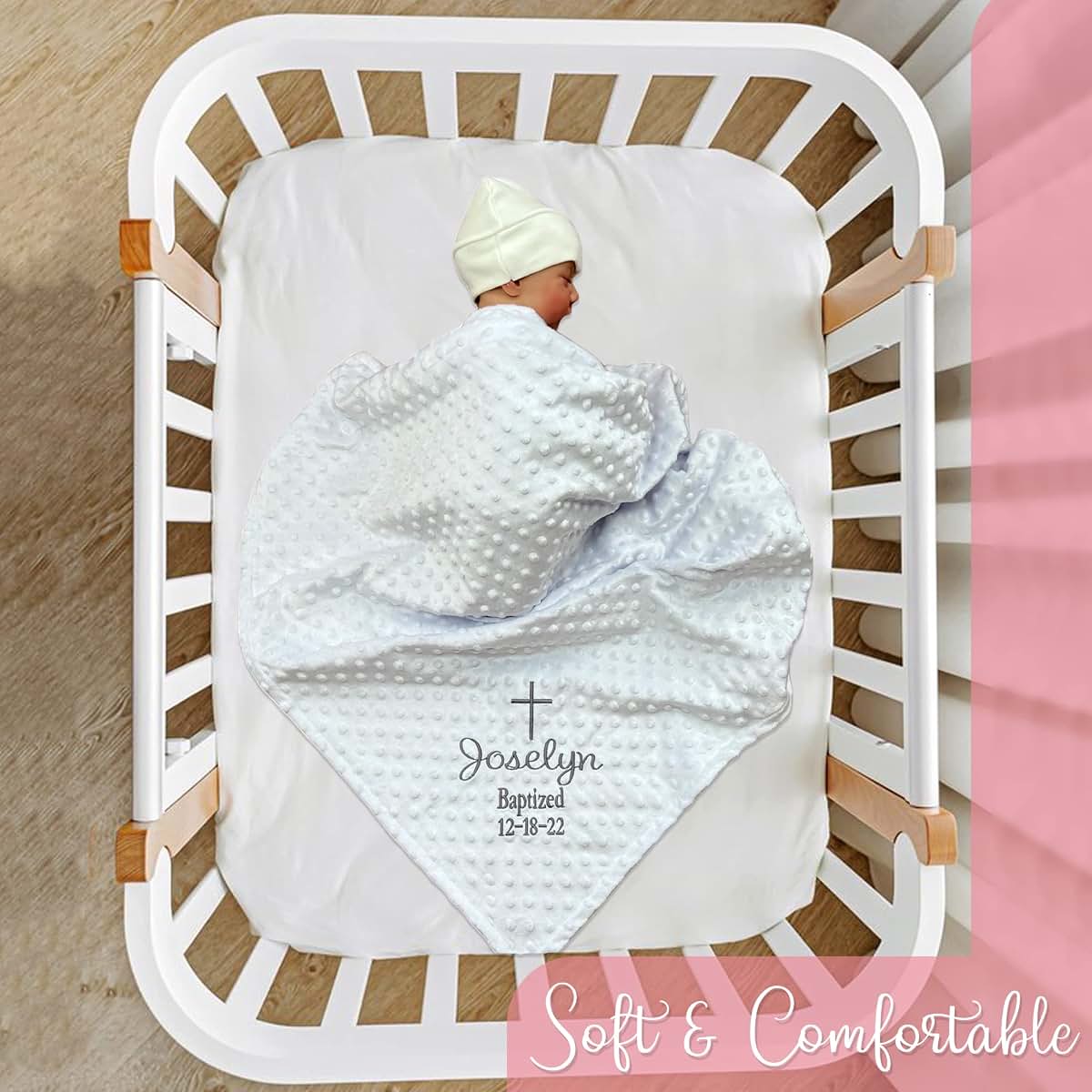 AleMir Fashion Baptism Blanket Personalized Baby Gifts – Luxurious Baptismal Gifts Textured Baby Blanket with Name