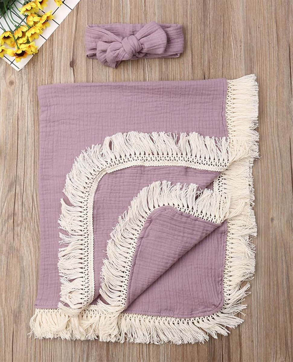 Stylesilove Newborn Baby Girl Cotton Muslin Swaddle Blanket with Tassel Design and Matching Headband, Lilac