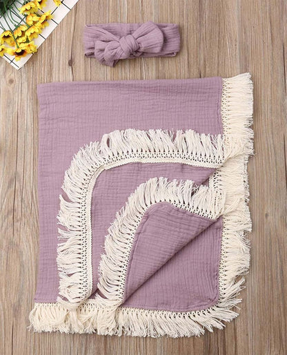 Stylesilove Newborn Baby Girl Cotton Muslin Swaddle Blanket with Tassel Design and Matching Headband, Lilac