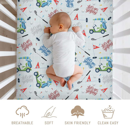 Selgkds Pastel Golfing Baby Crib Sheets for Boys Golf Cart Clubs Tees Balls Soft Snug Fitted Crib Mattress Covers for