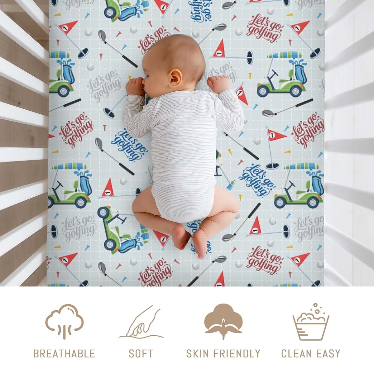 Selgkds Pastel Golfing Baby Crib Sheets for Boys Golf Cart Clubs Tees Balls Soft Snug Fitted Crib Mattress Covers for