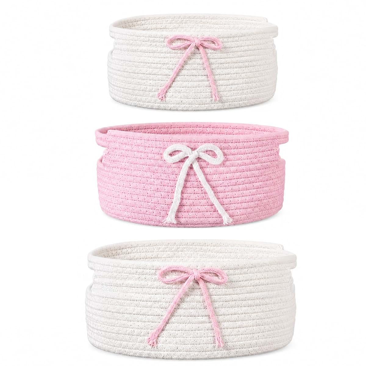 Yamenmeng 3 Pcs Cute Bow Storage Basket,Woven Storage Baskets with Handle,Store Clothes, Gifts, Toys, and