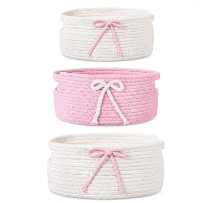 Yamenmeng 3 Pcs Cute Bow Storage Basket,Woven Storage Baskets with Handle,Store Clothes, Gifts, Toys, and