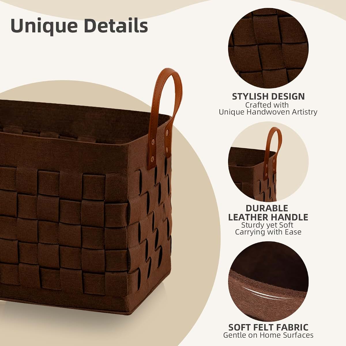 boldmonkey Laundry Basket 16.5 " x13 x13 , Large Rectangular Felt Fabric Blanket Basket with Leather Handle, Dirt (photo 2)