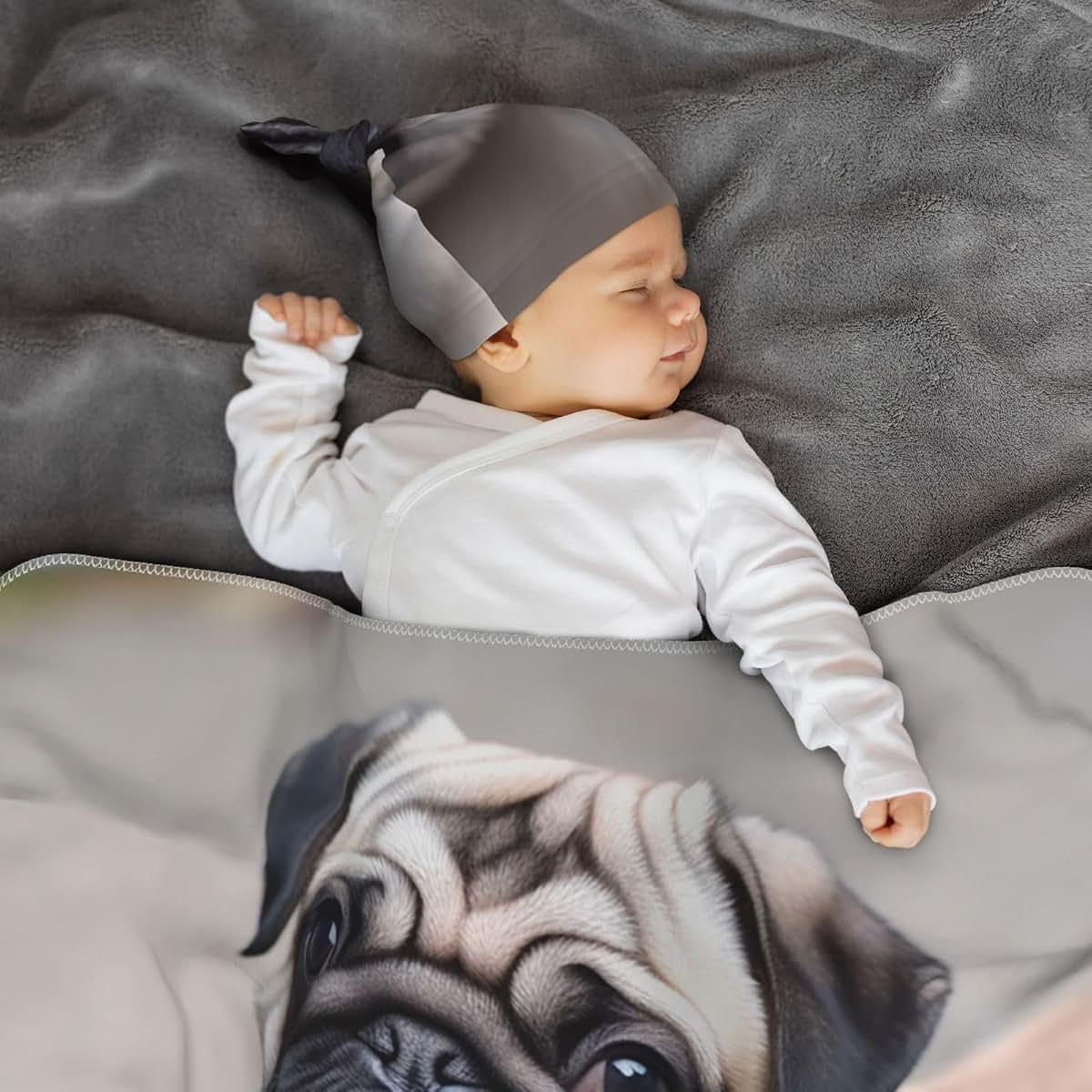 KKLWEGU Newborn Swaddle Blanket with Beanie Hat Set, Soft Sleep Sack Cute Pet Pug Newborn Receiving Blankets Baby