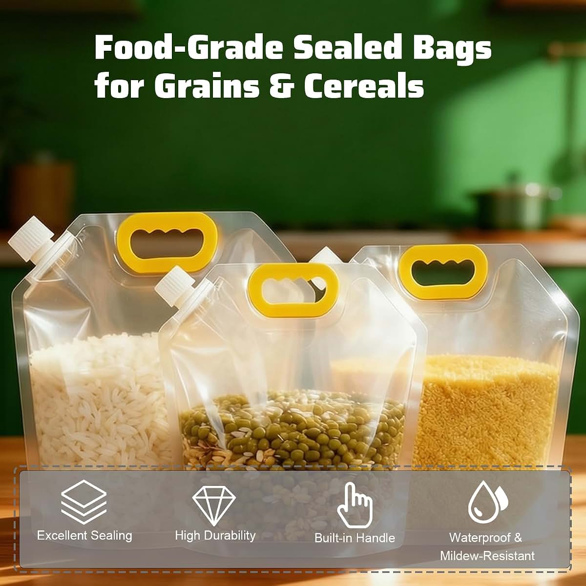 Tangpxta 3-Pack Reusable Airtight Grain Storage Bags with Handle & Spout