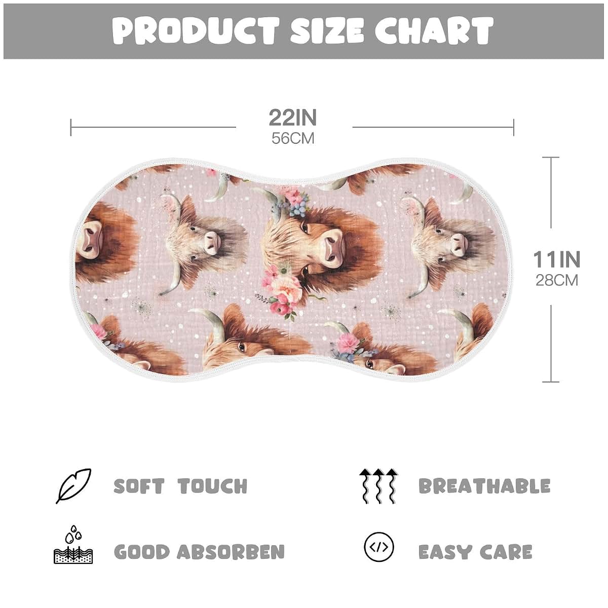 UMIRIKO Highland Cow Burp Cloths for Baby, 4 Pack, 22x11in