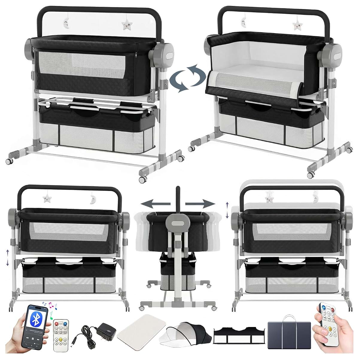 MoLi Electric Bluetooth Smart Baby Bedside Crib Bassinet Foldable Infant Bedside Cot Toddler Multifunctional Cradle