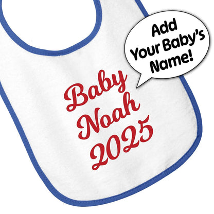 Smiling Jindo Personalized Baby Bib – White Bib (Royal Blue Trim) – Custom Text (1 to 3 Lines) – Soft Cotton Terry (photo 3)