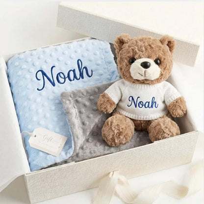 Kryvoxc Personalized Baby Blanket and Teddy Bear,Custom Boy Gifts Set