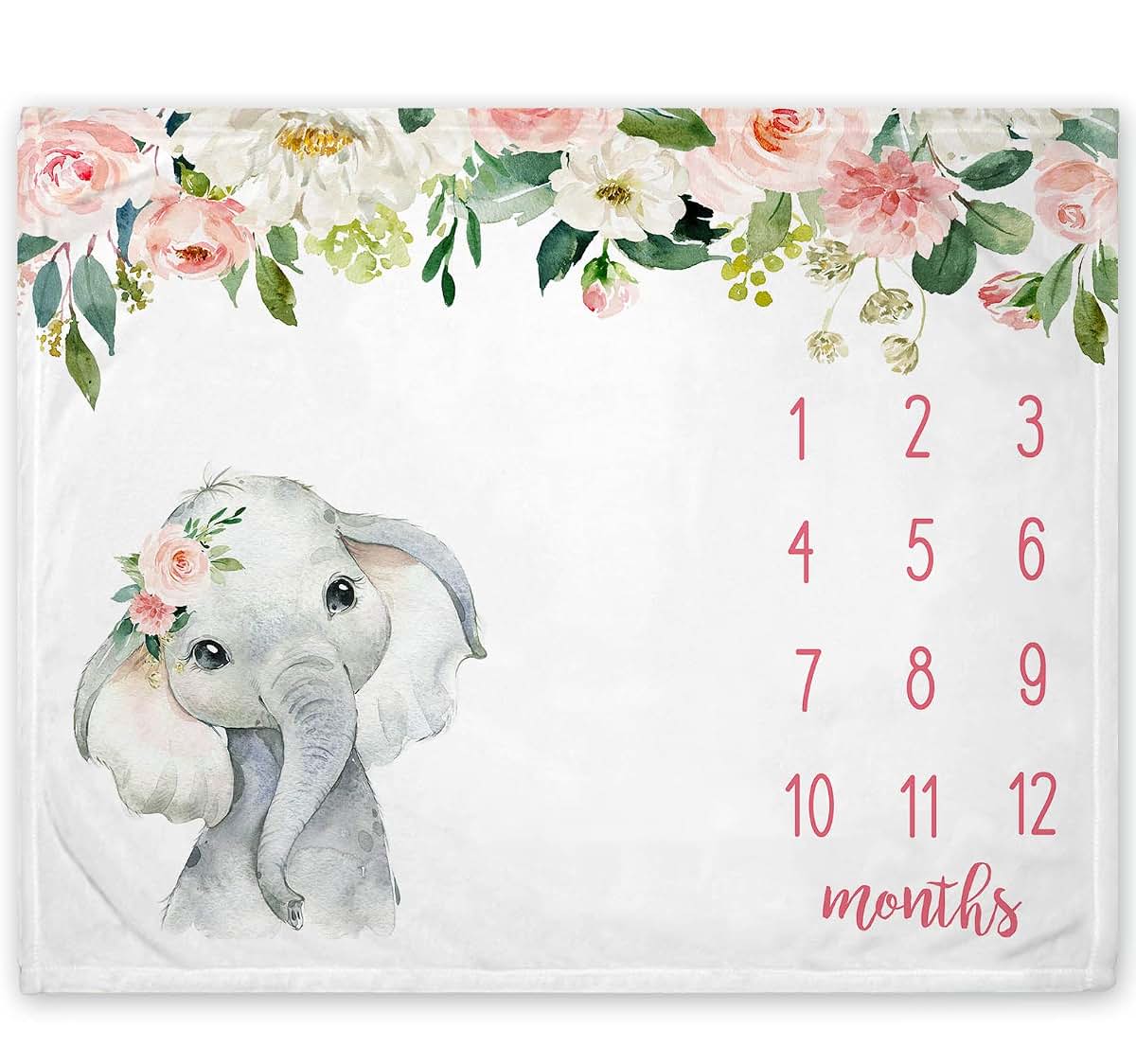 Popfavors Floral Elephant Baby Monthly Milestone Blanket, Soft Fleece Jungle Elephant Girl's Blanket, Newborn Infant