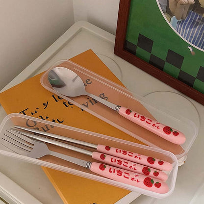 Rengue Stainless Steel Cutlery Set with Pink Strawberry Pattern