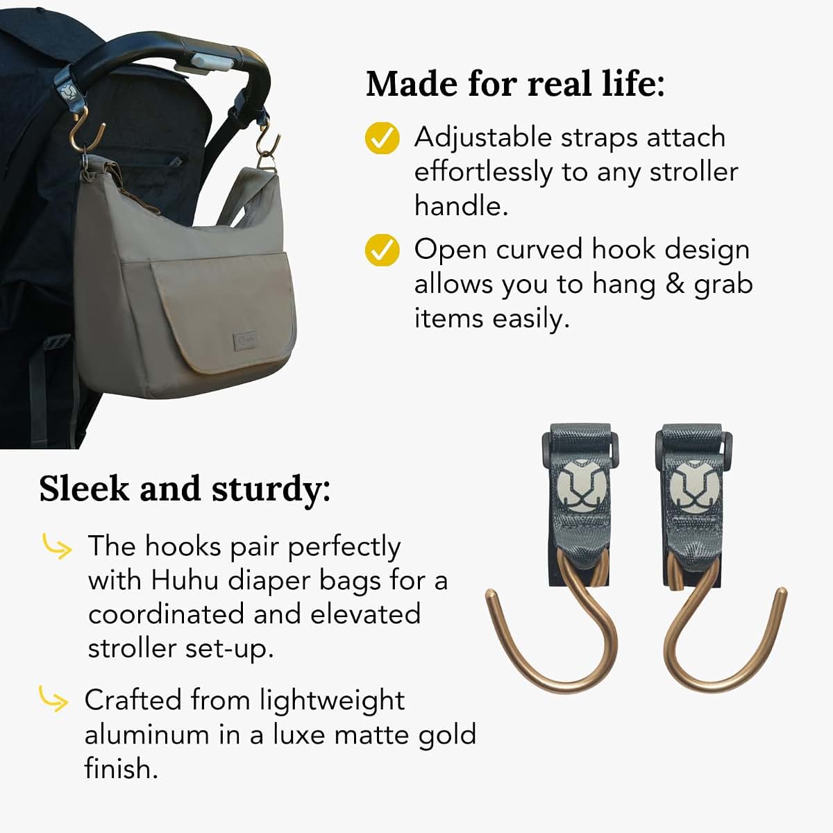 Huhu Essential Stroller Hooks - Lightweight Aluminum Stroller Bag Hook with Adjustable Straps, Matte Gold S-Hooks for (photo 4)