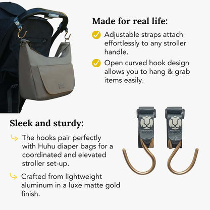Huhu Essential Stroller Hooks - Lightweight Aluminum Stroller Bag Hook with Adjustable Straps, Matte Gold S-Hooks for (photo 4)
