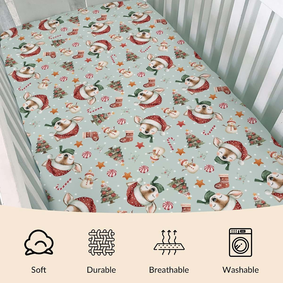 Cstdyfrv Christmas Reindeer Santa Hat Snowman Baby Crib Sheets Cute Christmas Deer Trees Candy Standard Crib Toddler (photo 3)