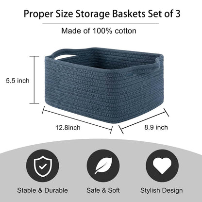 OIAHOMY 3 Pack Blue Cotton Rope Storage Baskets With Handles
