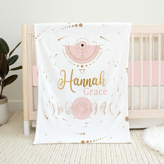 UnoCo Moon Baby Throw, Baby Girl Blanket, Shower Gift, Celestial Nursery Bedding, Pink Crib Blanket