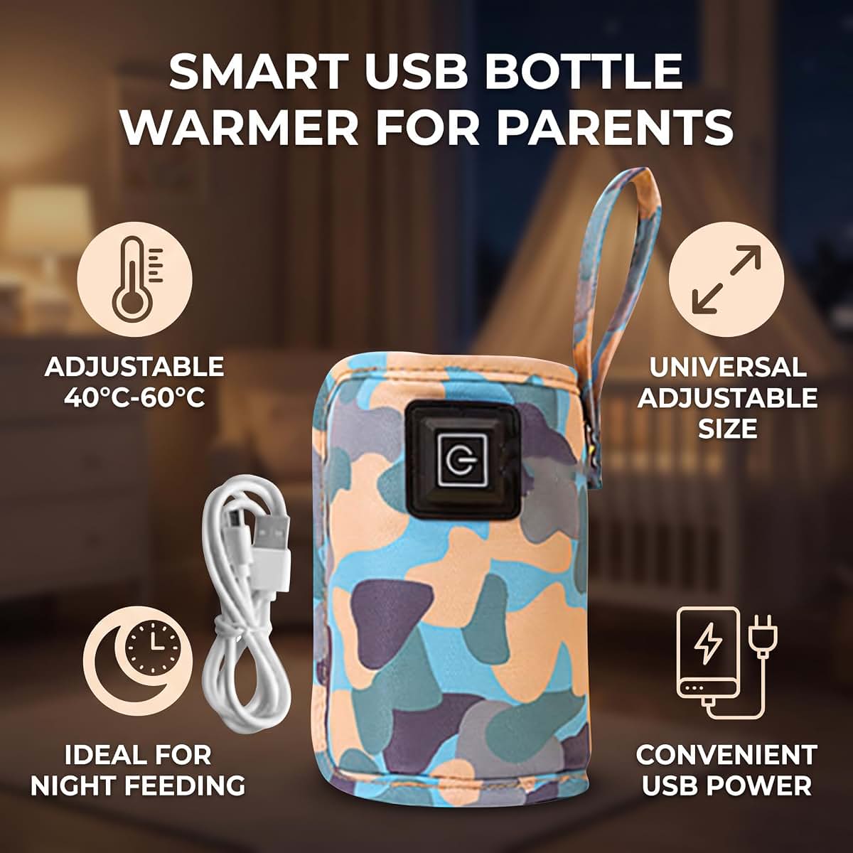 USB Milk Bottle Warmer Bag, Adjustable Size & Temperature, 40–60°C, Blue