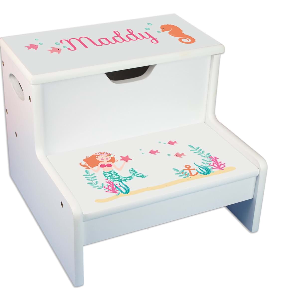 My Bambino Personalized Mermaid Princess White Kids Step Stool With Storage