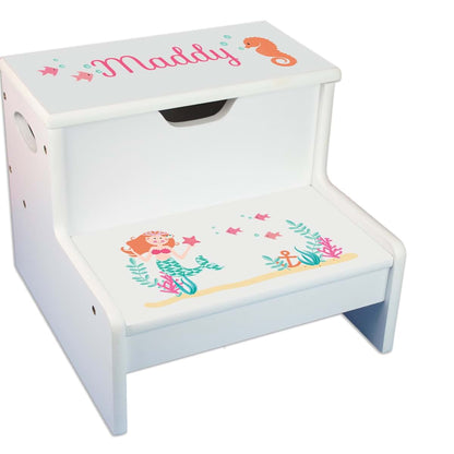 My Bambino Personalized Mermaid Princess White Kids Step Stool With Storage