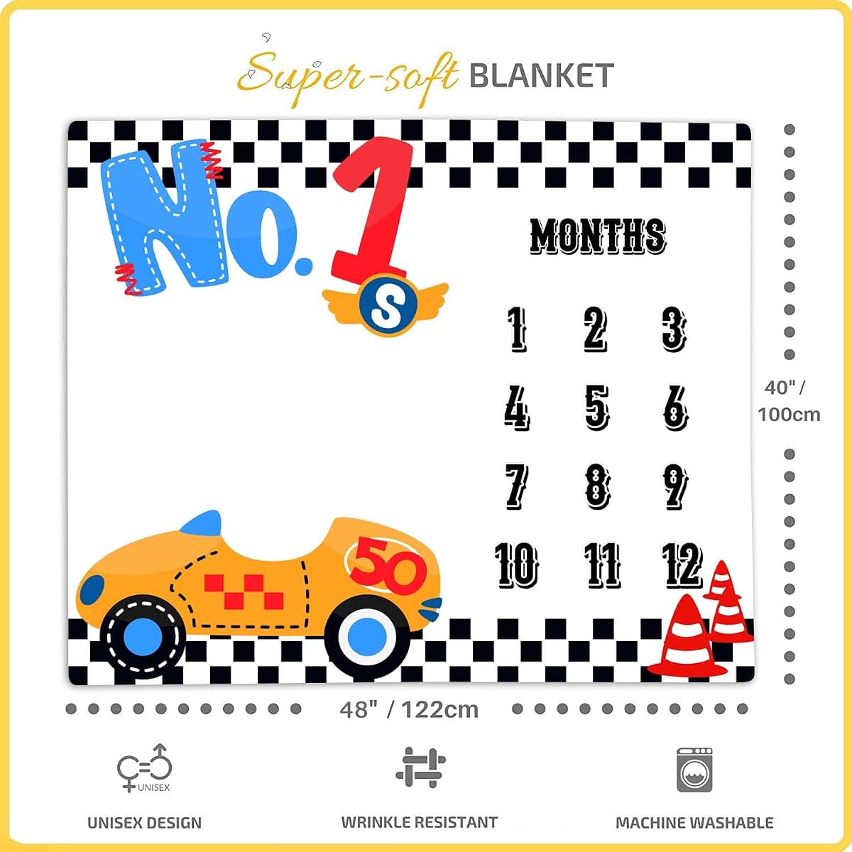 LUCKBTY Racing Car Milestone Blanket, 48x40 Inch Polyester Baby Growth Chart with Wreath & Frame