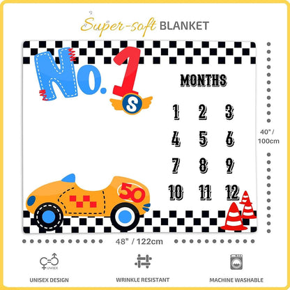 LUCKBTY Racing Car Milestone Blanket, 48x40 Inch Polyester Baby Growth Chart with Wreath & Frame