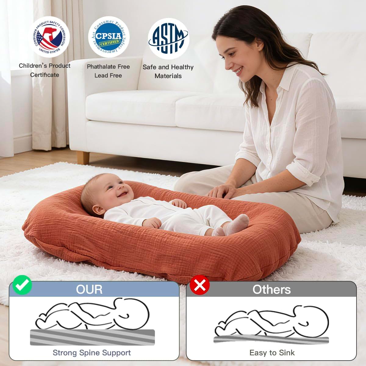BabyOneStop Baby Lounger for Newborn 0-24 Months, Soft Cotton Infant Support Cushion with Travel Bag