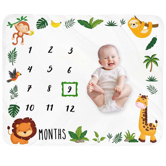 Tebaby Jungle Animals Baby Monthly Milestone Blanket with Felt Frame, 51x40 Inch Fleece