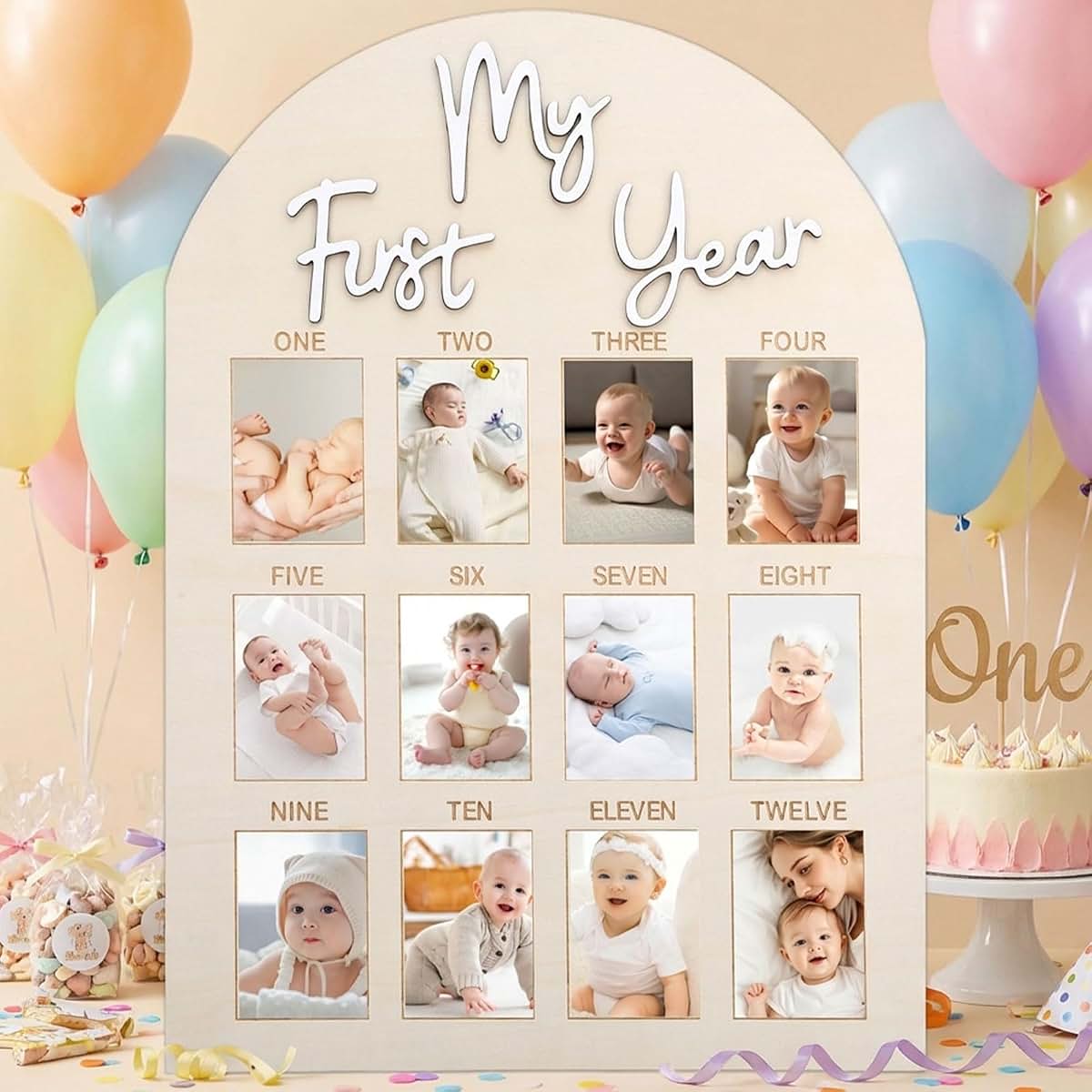 HooYiYuuX My First Year Photo Board, Wooden 12-Month Milestone Picture Frame