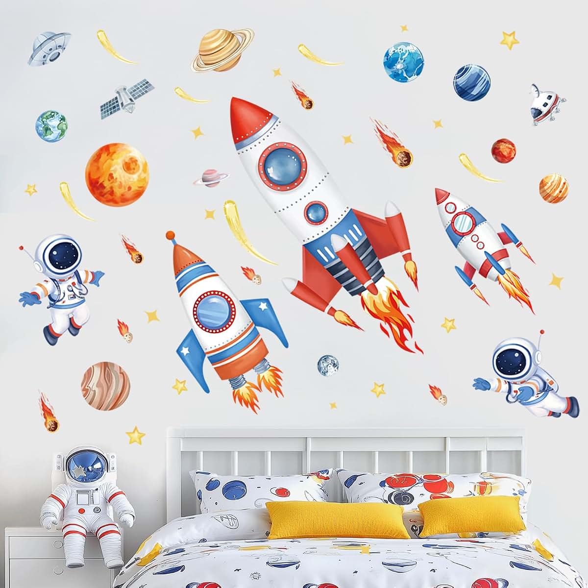 wondever Outer Space Rockets Wall Decals Planets Astronaut Wall Stickers (photo 2)