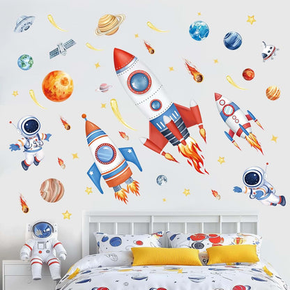 wondever Outer Space Rockets Wall Decals Planets Astronaut Wall Stickers (photo 2)