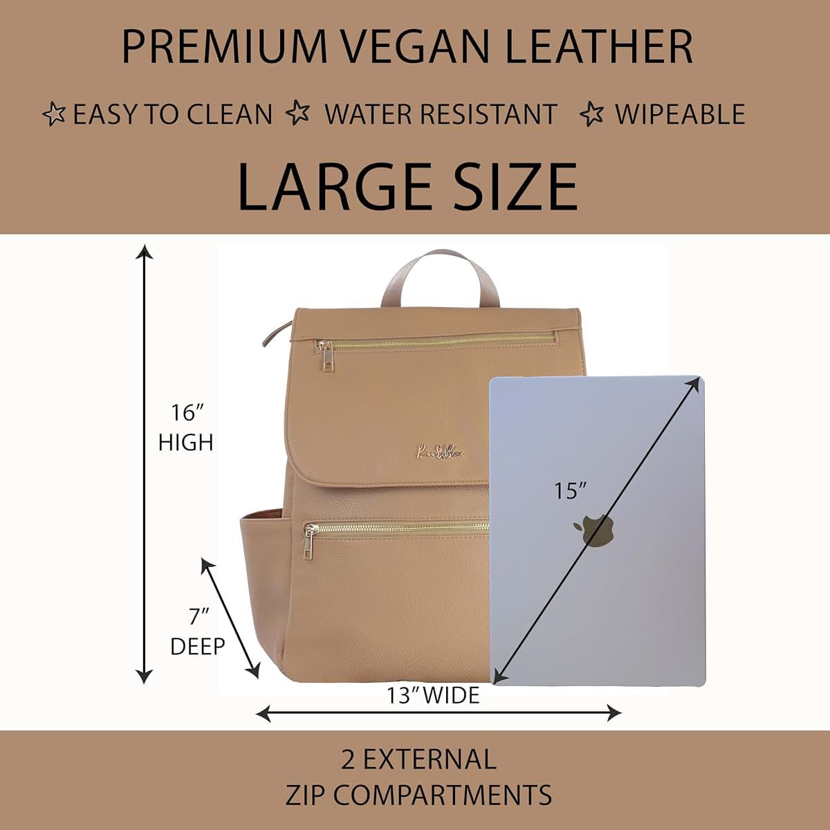 Roo and Bear Vegan Leather Diaper Bag Backpack in Tan Brown (photo 4)