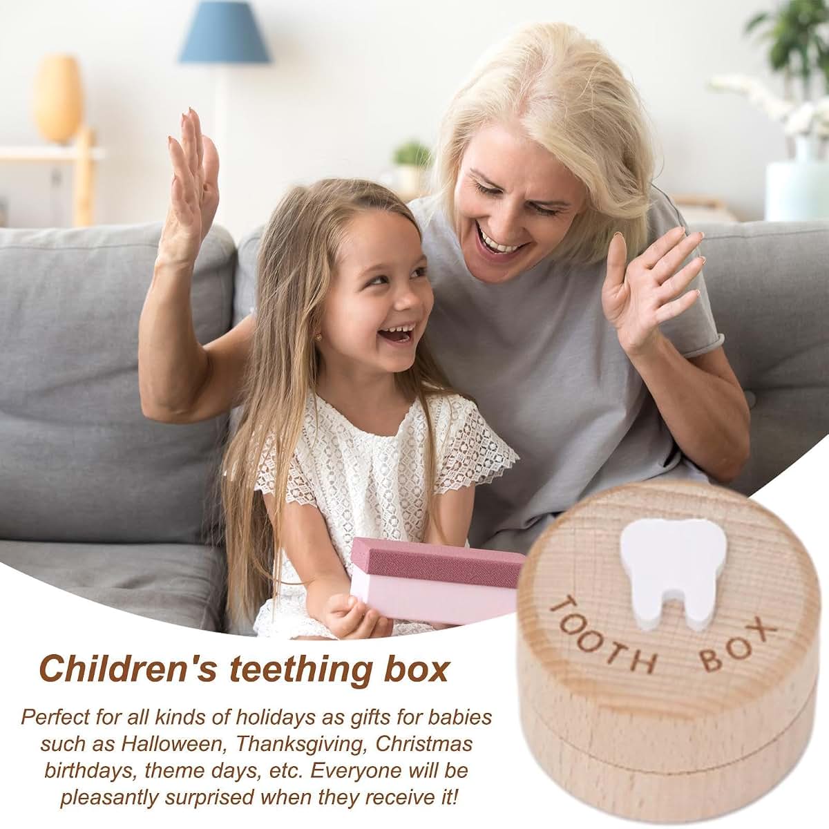 Wooden Tooth Fairy Box for Kids, Carved Baby Teeth Storage Container