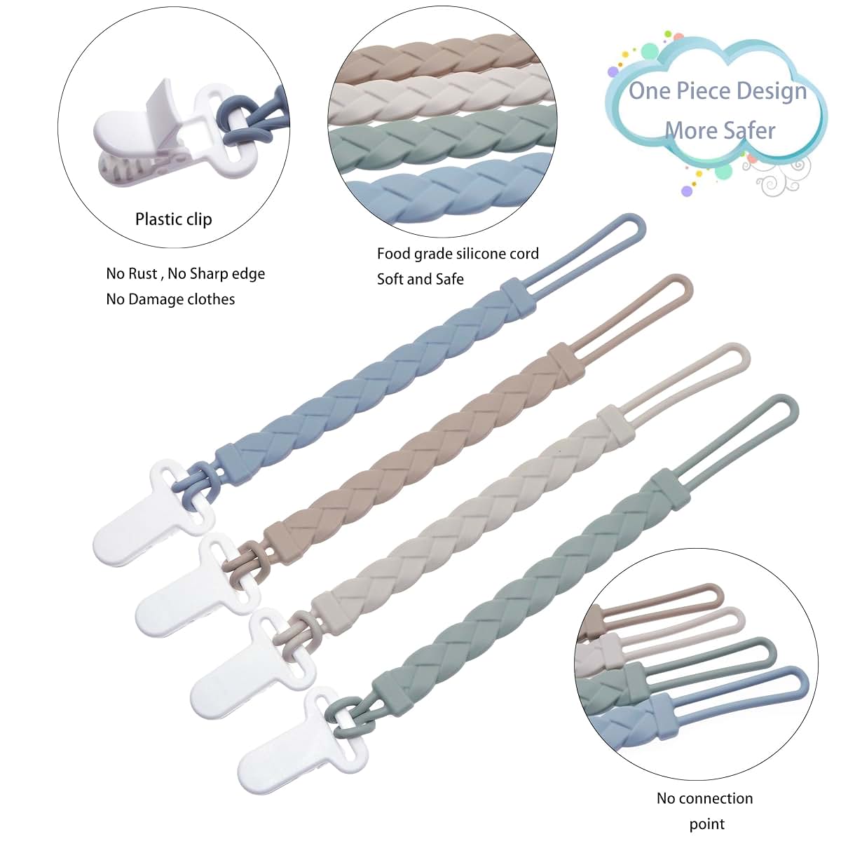 BabyOneStop 4-Pcs Silicone Braided Pacifier Clip Holder for Newborns