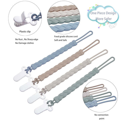 BabyOneStop 4-Pcs Silicone Braided Pacifier Clip Holder for Newborns