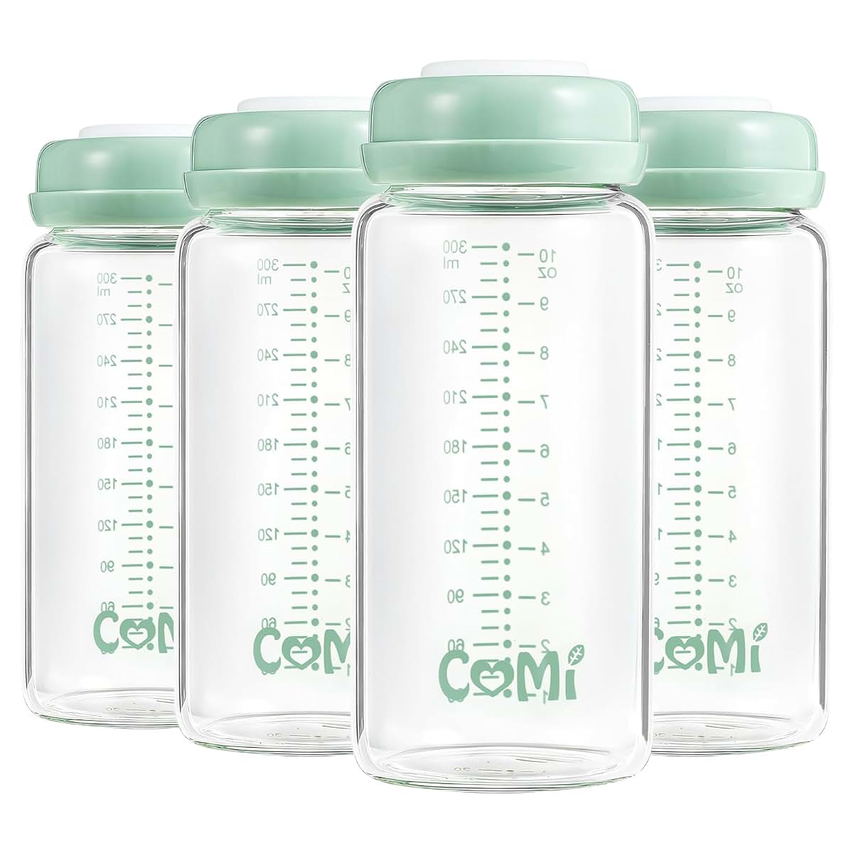 COMI Wide Neck Glass Breastmilk Collection n Storage Bottle, 4 Packs,10oz with Screw Ring Sealing Disk,Re-markable