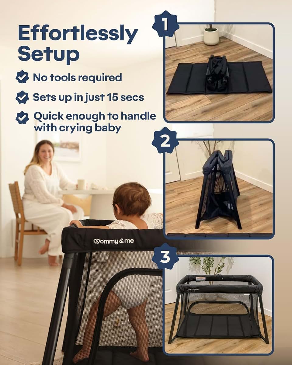 Mommy&Me Travel Crib for Baby and Toddler, Lightweight 14 lb Portable Playard, Mesh Sides, Black